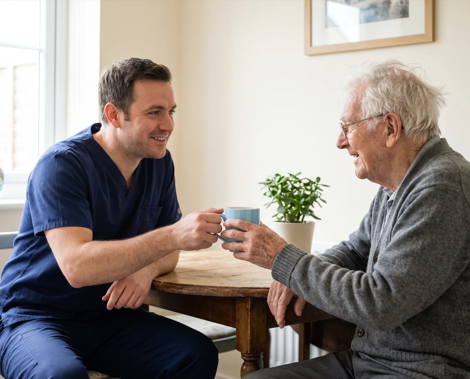 A carer in navy scrubs shares a cup of tea with a smiling older man at his kitchen table.